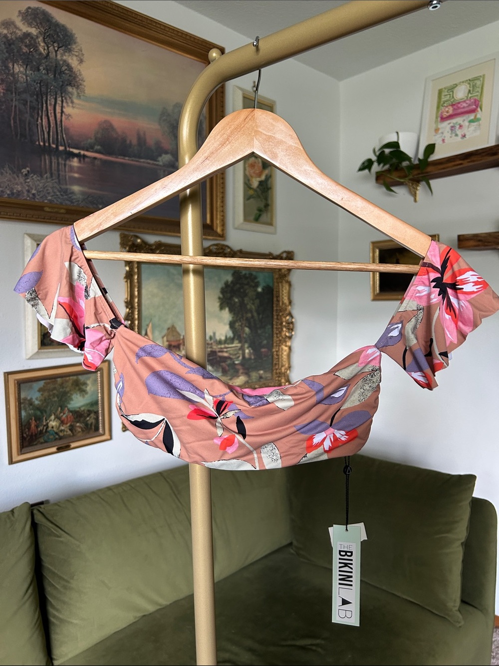 The Bikini Lab Peach Floral Off-Shoulder Ruffle Bikini Top